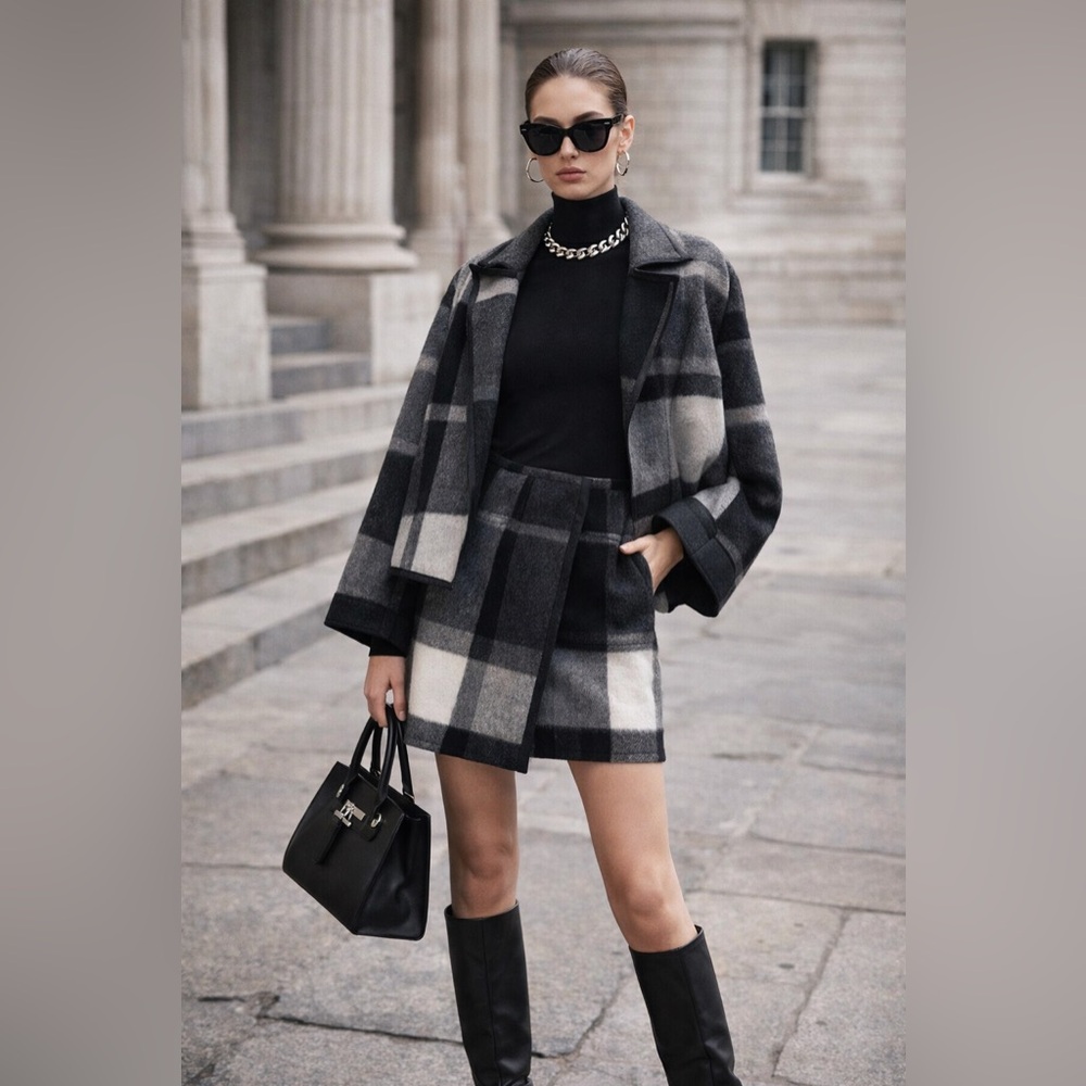 Karen Millen Grey/Black Plaid Wool Skirt with Leather Trim